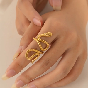 Adjustable gold snakeskin ring with intricate scale textures for women in steel