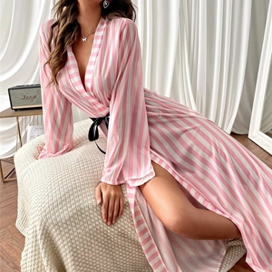Striped Robe Women Pink White Long Sleeve V Neck Belted Loungewear Polyester Sexy Nightgown Casual Soft Lightweight Sleepwear