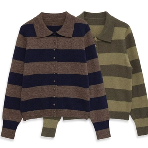 Women Striped Knit Cardigan Sweater Polo Neck Long Sleeve Button Up Acrylic Polyester Casual Vintage Preppy Tops