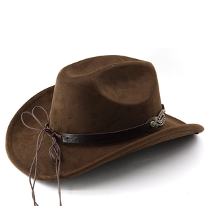 Detailed macro view of dark brown suede cowboy hat with studded leather band and rivets