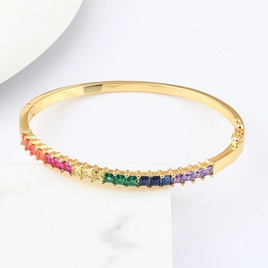 18K gold plated rainbow gemstone bracelet featuring a square cut multi-color zircon inlay