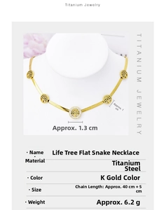 Detail of life tree pendant on gold titanium steel snake chain with size measurements