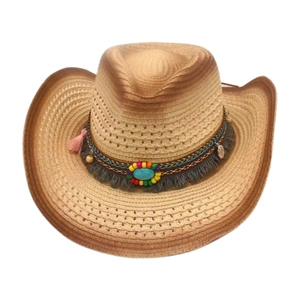 Bohemian style woven straw cowboy hat with turquoise beads and decorative tassels