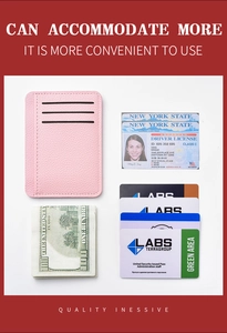 Pink lychee texture PU leather card holder showing three slots for IDs and folded cash