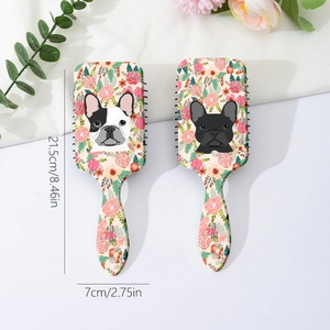 Cute French Bulldog and floral air cushion hairbrush set for gentle scalp massage
