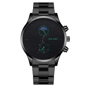 Fashionable men's quartz watch with black steel band and multi-functional moon phase dial