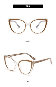 Detail view of tea-colored cat-eye optical glasses with transparent frame accents