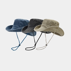 Washed Cotton Bucket Hat Large Brim Retro Western Cowboy Style Sun Protection Outdoor With Adjustable Wind Rope