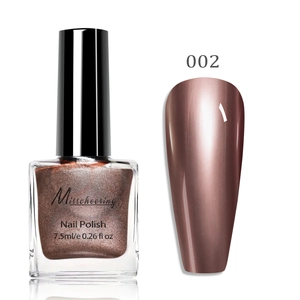 Detail showing metallic rose gold mirror nail polish texture and color swatch 002