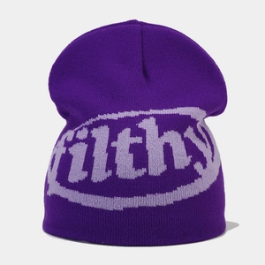 Close-up of the fine jacquard knit texture and purple 'filthy' lettering on the beanie