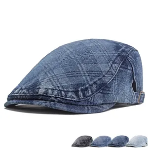 Ivy Cap Vintage Washed Denim Cotton Rhombic Jacquard Flat Hat Adjustable Buckle British Style Casual Men Women