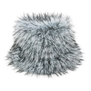 Close-up of thick faux fox fur bucket hat showing detailed black and white gradient texture