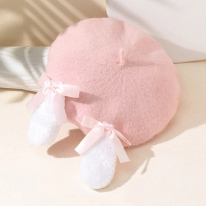 Béret tricoté rose mignon avec oreilles de lapin en peluche blanche et nœuds en satin