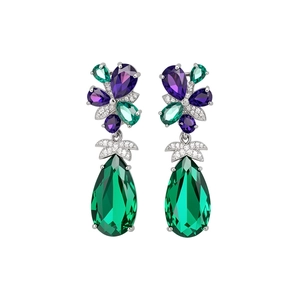 Elegant silver earrings with green waterdrop crystals and purple floral design pattern