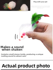 Detail showing white plush cat toy mouse with colorful feathers and internal sound beads