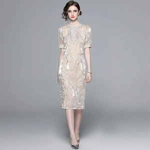 Modern champagne satin Qipao dress set with sequin embroidery and a high-slit skirt