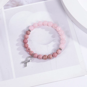 Bracelet perlé en cristal rose et rhodochrosite avec pendentif ruban argenté pour femme