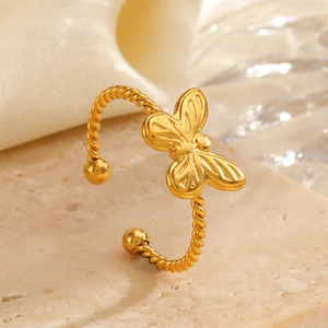 18K gold plated butterfly open ring with twisted rope band and polished beads