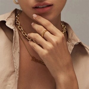Close-up of minimalist gold plated 18K ring and Aquarius constellation necklace set