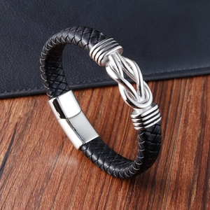 Handmade infinity eight braided leather bracelet for men with silver magnetic clasp