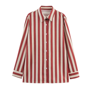 Chemisier Femme À Rayures Rouges Manches Longues Revers Boutonné Taille À Nouer Décontracté Élégant Bureau Polyester