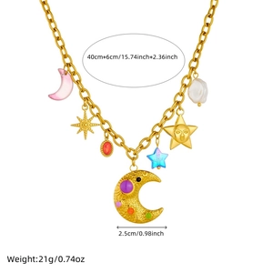 Gold-plated stainless steel chain necklace with colorful moon, star and sun face charms