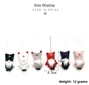 Detailed size chart of six colorful Christmas gnome plush ornaments with dimensions