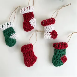 Set of 5 crochet Christmas mini socks with metallic yarn and jute loops for tree decor