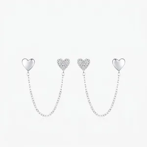 Heart Chain Earrings 925 Sterling Silver With Zircon Double Piercing Tassel Jewelry With 925 Sterling Silver Earring Post