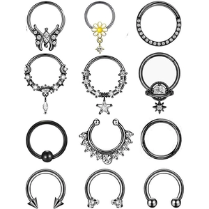 12-piece black stainless steel piercing set with zircon nose rings and hoop earrings