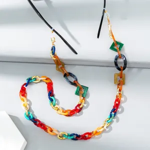 Detail of colorful acrylic glasses chain with geometric links and anti-slip silicone loops