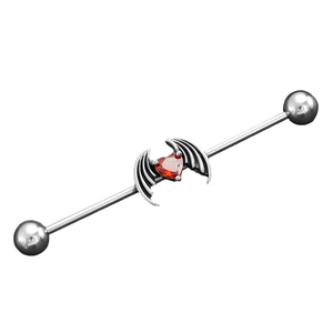Macro shot of industrial barbell featuring a red heart gem with stylized wings