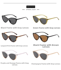 Detailed grid showing six optional colors of triangular cat-eye sunglasses with UV protection