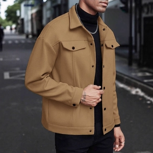 Men's tan wool blend lapel shirt jacket with chest pockets for autumn and winter wear