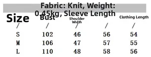 Detailed size chart for women's knit cardigan showing measurements for S, M, and L sizes