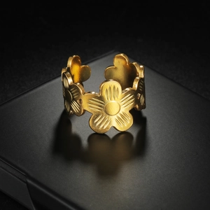 Minimalist gold stainless steel open ring with continuous floral pattern design