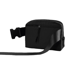 Close-up of waterproof nylon waist bag with durable plastic buckle and adjustable strap