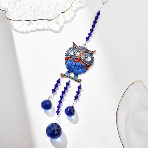 Blue owl crystal suncatcher with enamel detail and sparkling glass ball wind chime