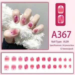 Pink blush gradient press-on nails with purple stars and heart designs, set of 24 pieces