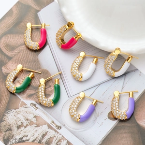 U-Shaped Copper Zirconia Earrings With 925 Sterling Silver Earring Post Enamel Contrast Color Light Luxury Women Jewelry