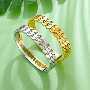 Three-layer hollow eye clasp bangle in polished gold and silver stainless steel