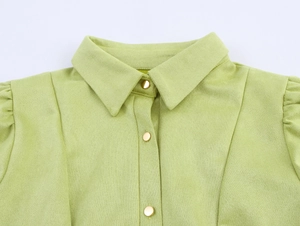 Detail von hellgrünem Wildledershirt-Kragen mit Goldknöpfen und Puffärmel-Design
