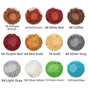 Close-up of 12 metallic mica powder colors for DIY soap and candle making crafts