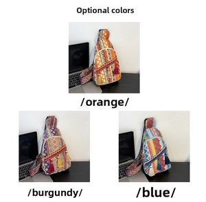 Detailed comparison of orange, burgundy, and blue woven ethnic crossbody bags with tassels