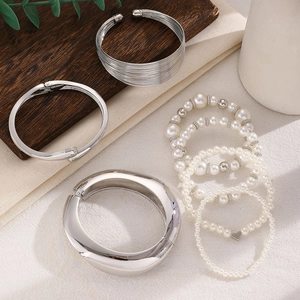 Silver tone stackable metal bangles and multi-layer pearl charm bracelets for women