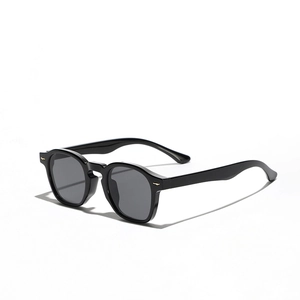 Classic black rectangular sunglasses with grey lenses and stylish metal rivet details