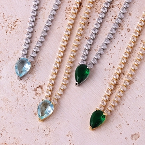 Classic silver and gold teardrop zircon necklaces with blue and green pear-cut pendants