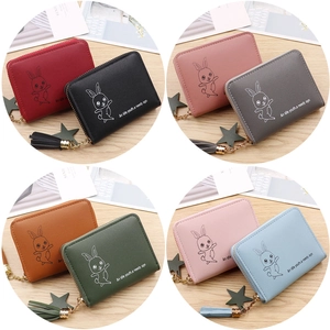 Mini Coin Purse PU Leather Zipper Small Short Wallet Cartoon Rabbit Print With Tassel Star Charm For Women Girls