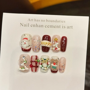 3D Handmade Press On Nails Resin ABS Christmas Theme Red White Reindeer Santa Wreath Relief Glitter Holiday Fake Nails