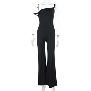 Detailed view of women's black one-shoulder sleeveless wide-leg jumpsuit in plain fabric